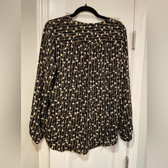Premise Studio Black Yellow Floral Striped V Neck Tie Long Sleeve Blouse Size M - Picture 10 of 11
